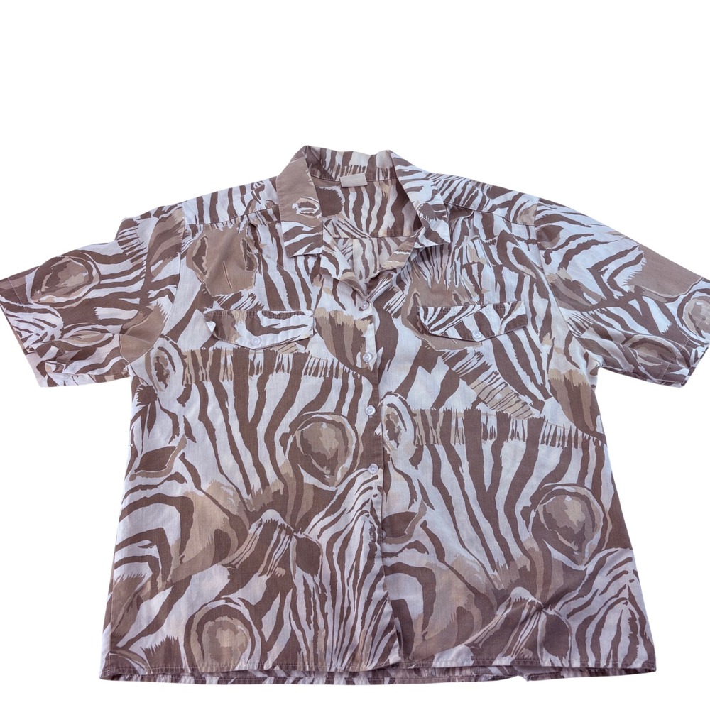 Lykettes Zebra Print‎ Short Sleeve Button Down Shirt Tan Brown Safari Top 5532